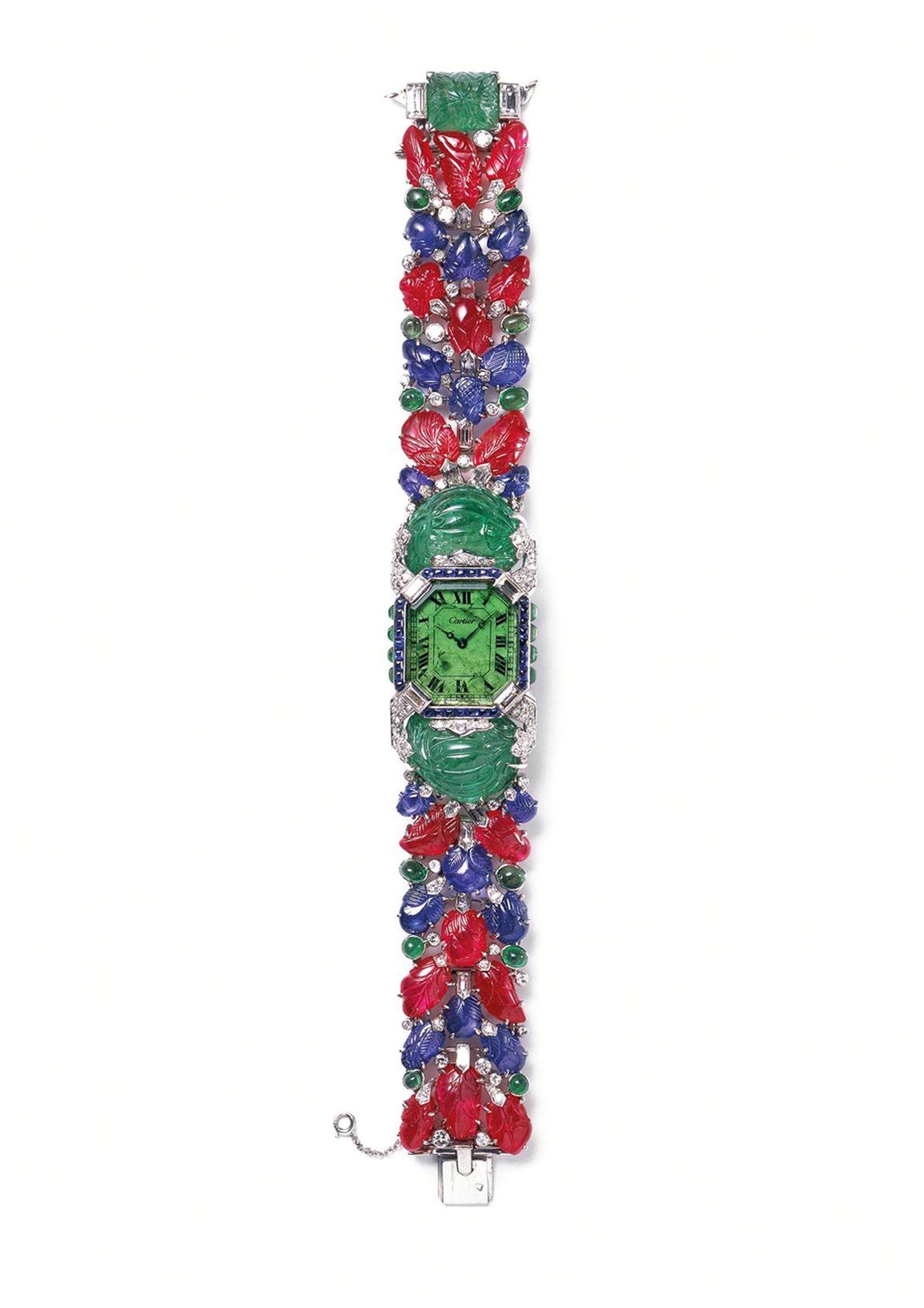 Cartier Tutti Frutti platinum bracelet watch from 1929 set with diamonds, emeralds, sapphires and rubies