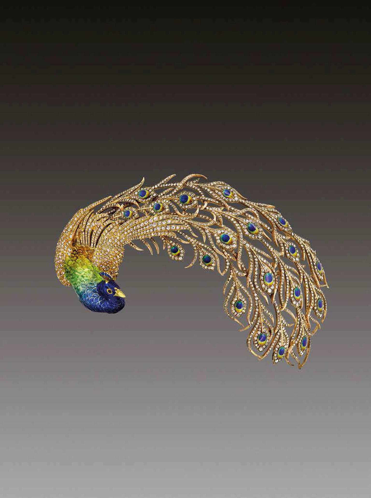 Mellerio dits Meller Peacock brooch daring from 1905 featuring diamonds and enamelling