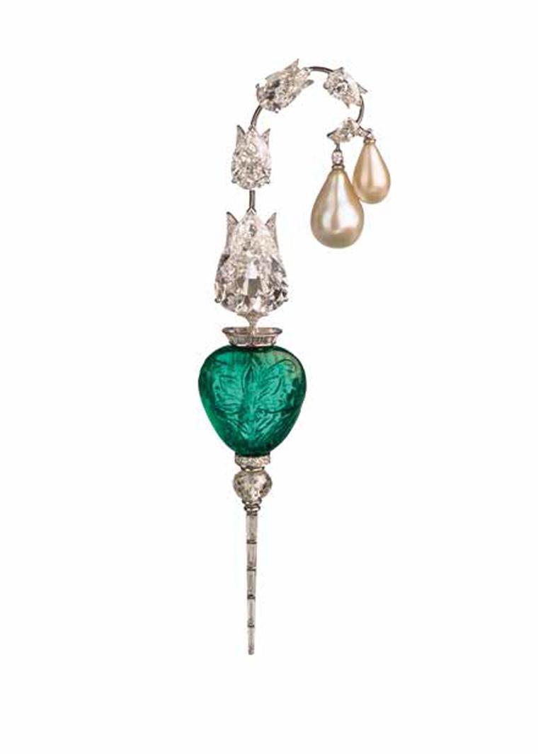 Viren Bhagat platinum Kalgi brooch from 2013 featuring diamonds, an emerald and pearls