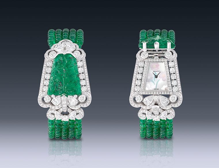 Graff carved emerald watch featuring diamonds.