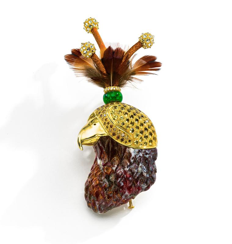 Nicholas Varney 2013 Hawk brooch featuring campbellite, diamond, sapphire and gold.