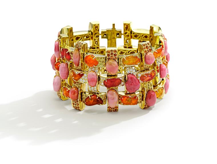 Nicholas Varney 2013 Boca Grande bracelet featuring natural pink conch pearl, fire opal, diamond, sapphire and gold.