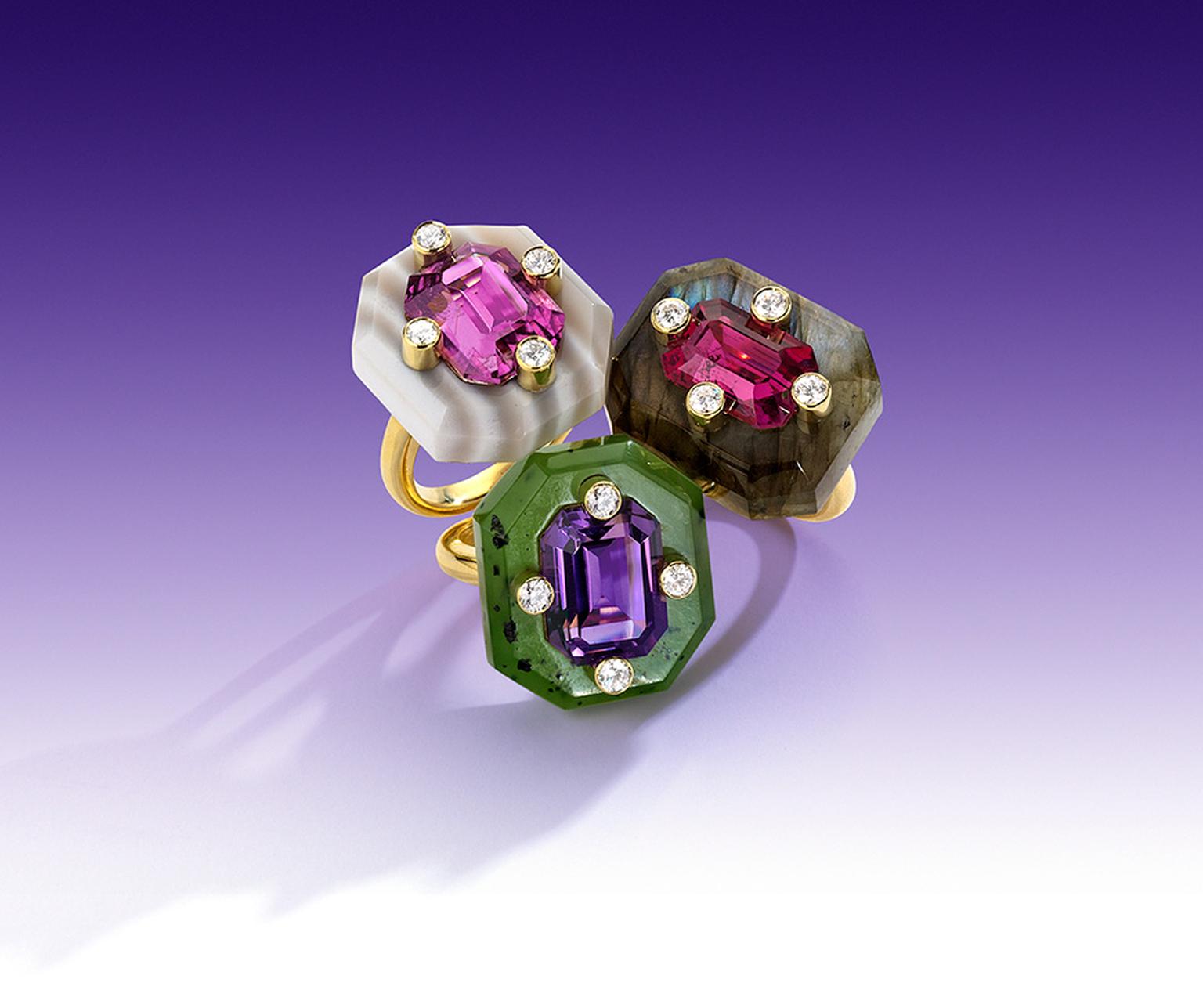 Nicholas Varney 2012 'Duo' gold rings featuring carved labradorite, pink tourmaline and diamond horizontal; carved nephrite jade, amethyst and diamond; and carved striped agate, California pink tourmaline and diamond.