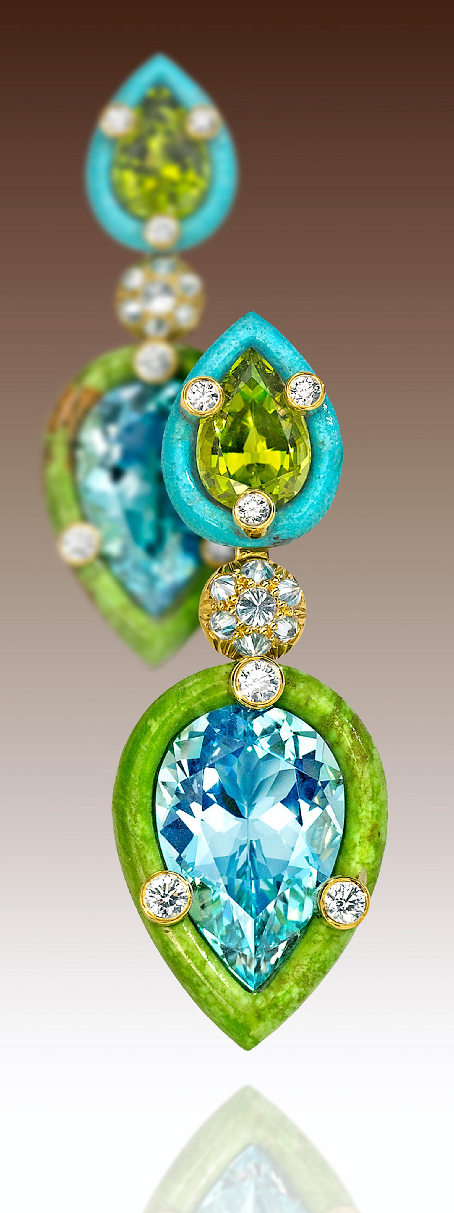 Nicholas Varney 2013 'Duo' Style earrings featuring two pear-shape aquamarines retained by hand-carved gaspeite and paired with two pear-shaped peridots retained by hand-carved turquoise and joined by yellow gold and diamonds.