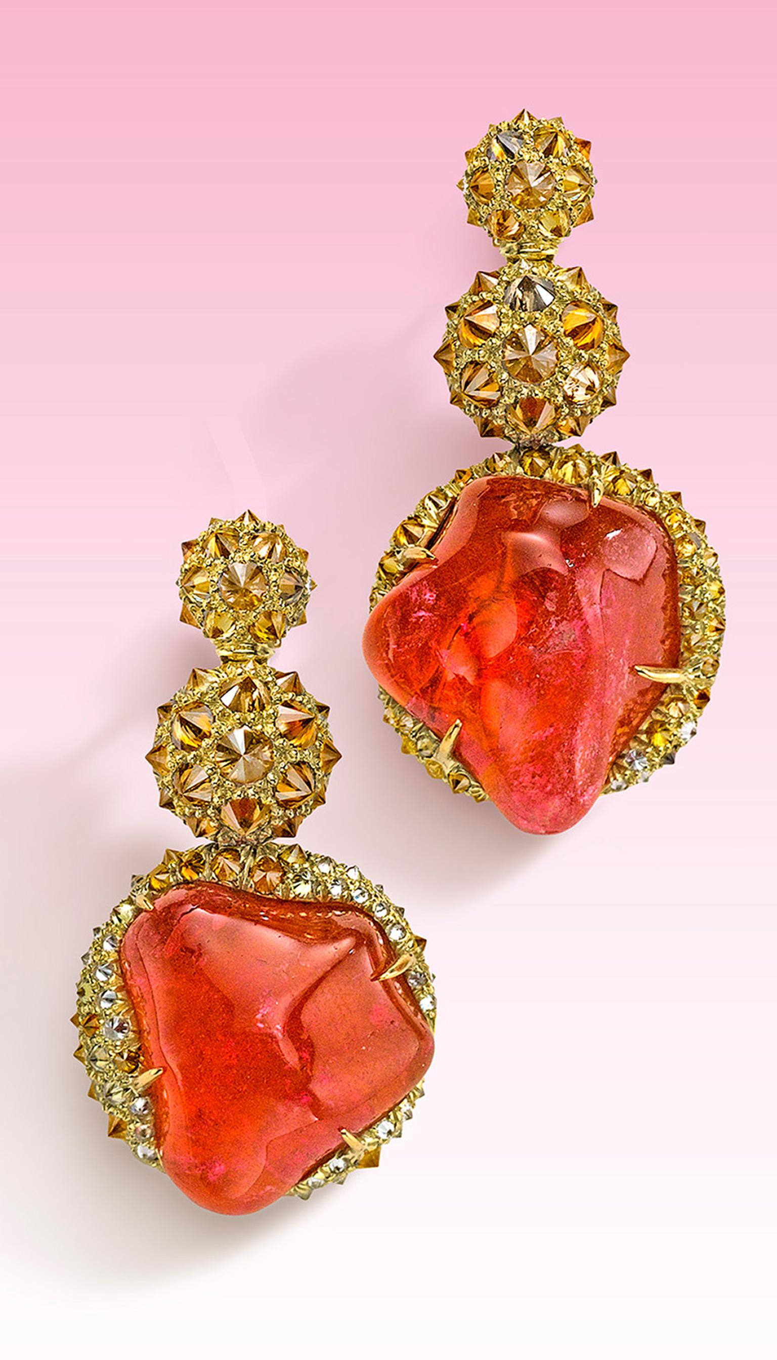 Nicholas Varney 2013 pink tourmaline earrings featuring cognac diamonds set in gold