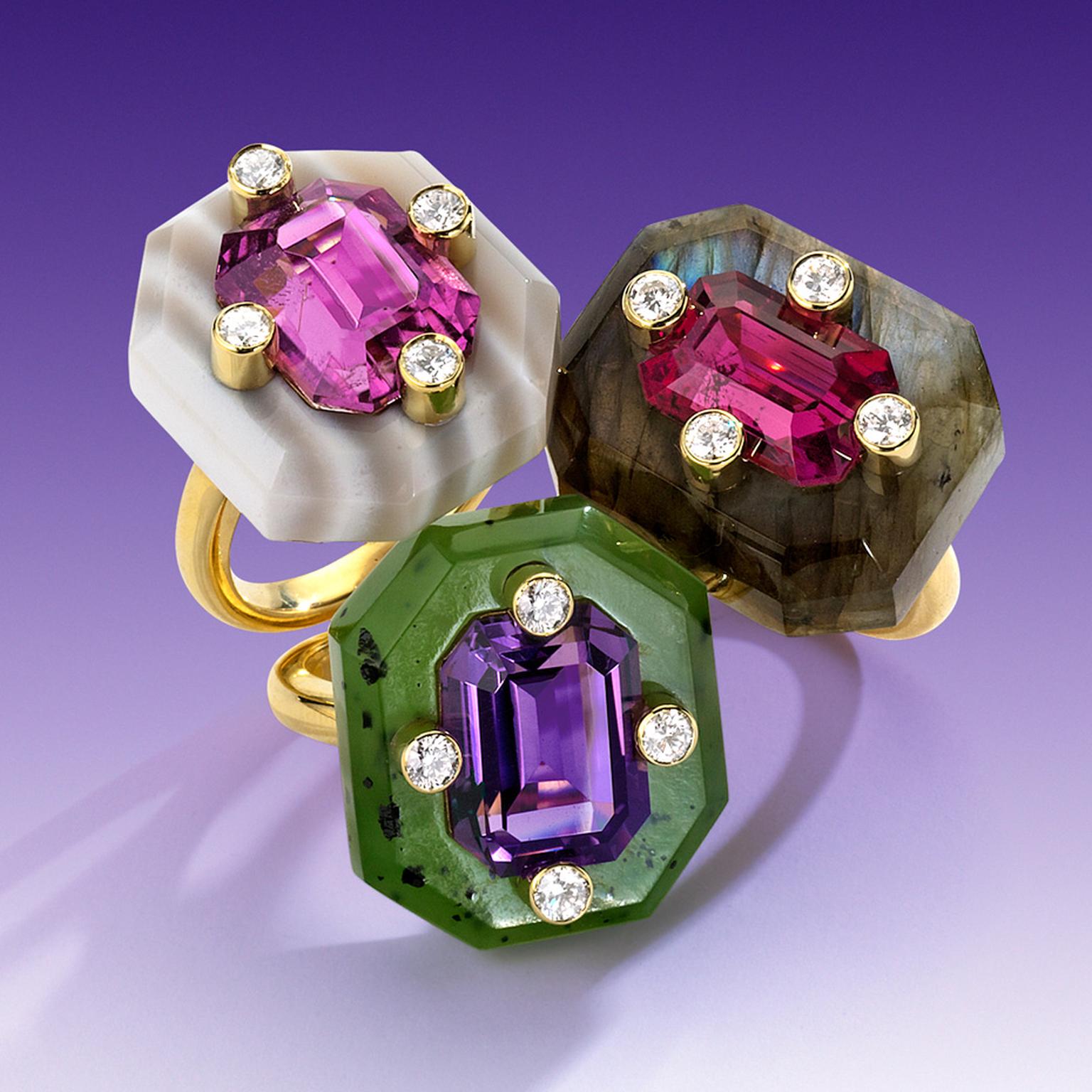 Nicholas Varney 2012 'Duo' gold rings featuring carved labradorite, pink tourmaline and diamond horizontal; carved nephrite jade, amethyst and diamond; and carved striped agate, California pink tourmaline and diamond.