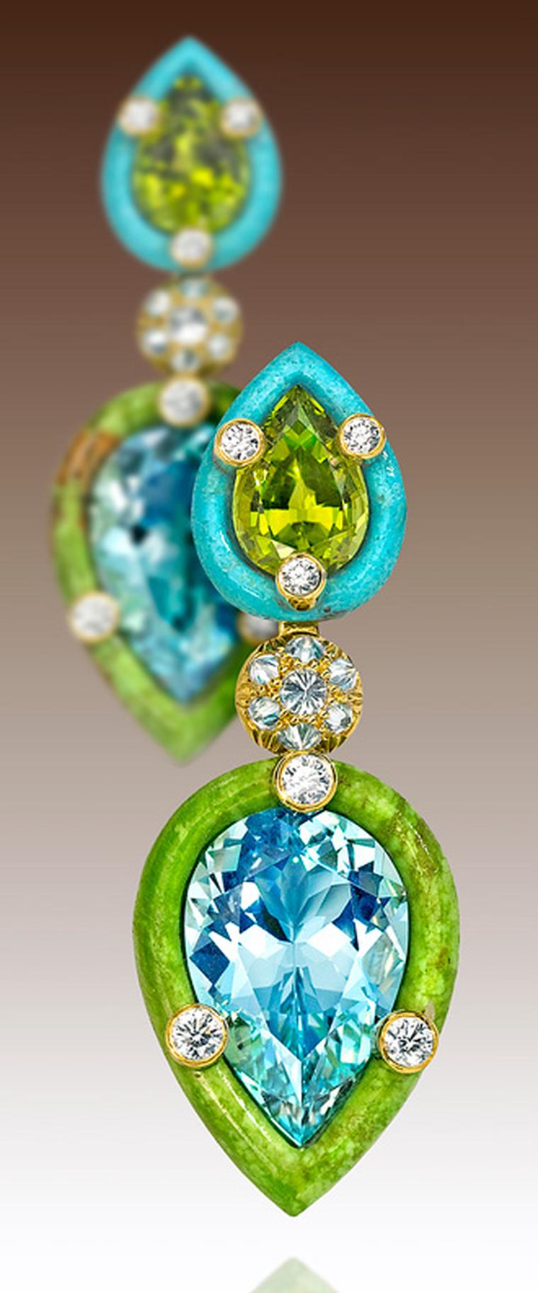 Nicholas Varney 2013 'Duo' earrings featuring two pear-shape aquamarines set into hand-carved gaspeite, paired with two pear-shaped peridots set into hand-carved turquoise and joined by yellow gold and diamonds