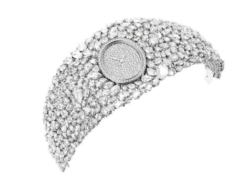 The white gold mesh into which the 352 rose-cut diamonds are set in DeLaneau's Grace Diamonds watch is kept to an absolute minimum