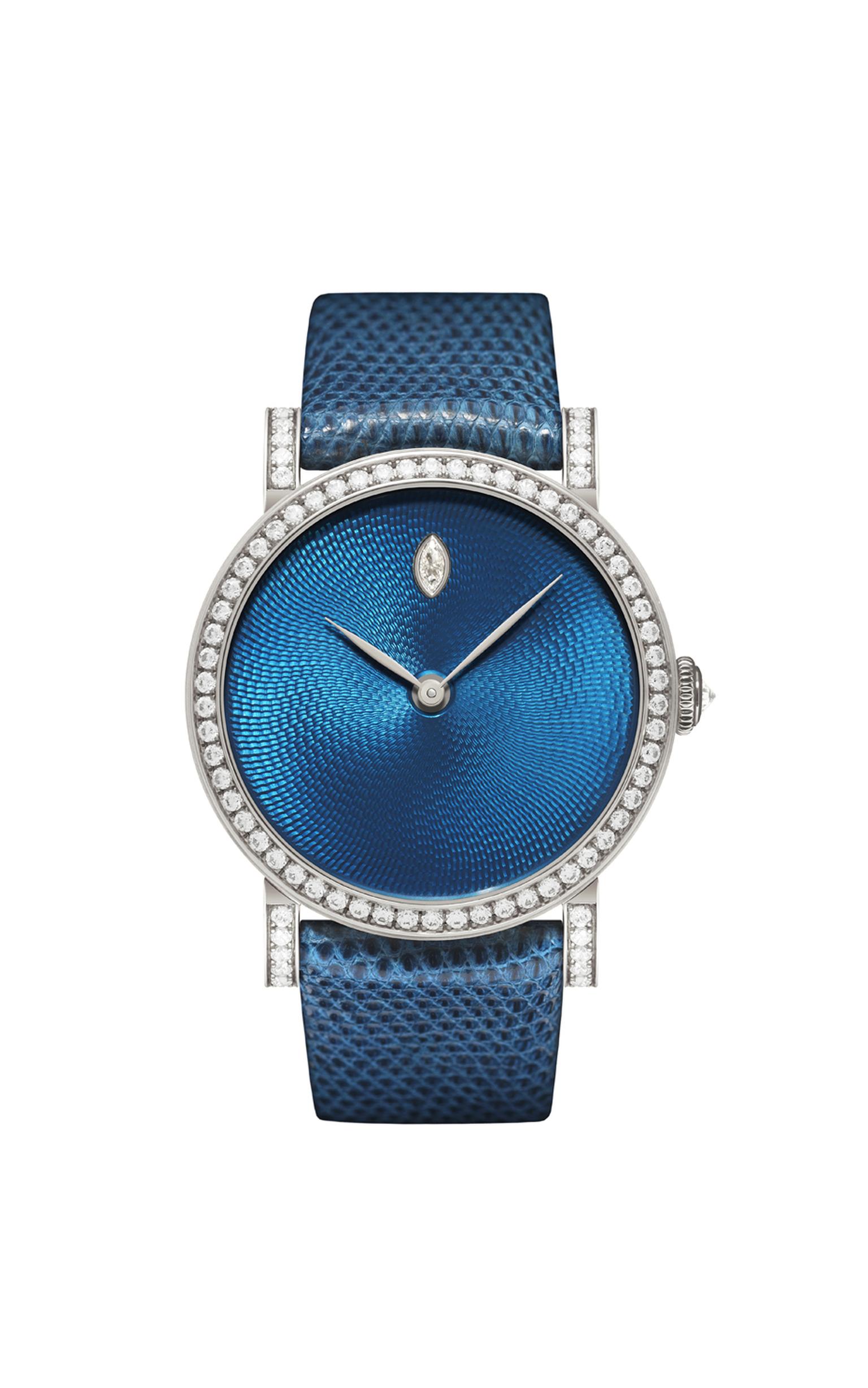 One-of-a-kind DeLaneau Rondo Transluscent Blue watch in white gold with Grand Feu enamel on a Rosette Guilloché dial, set with diamonds on the bezel, crown and buckle.