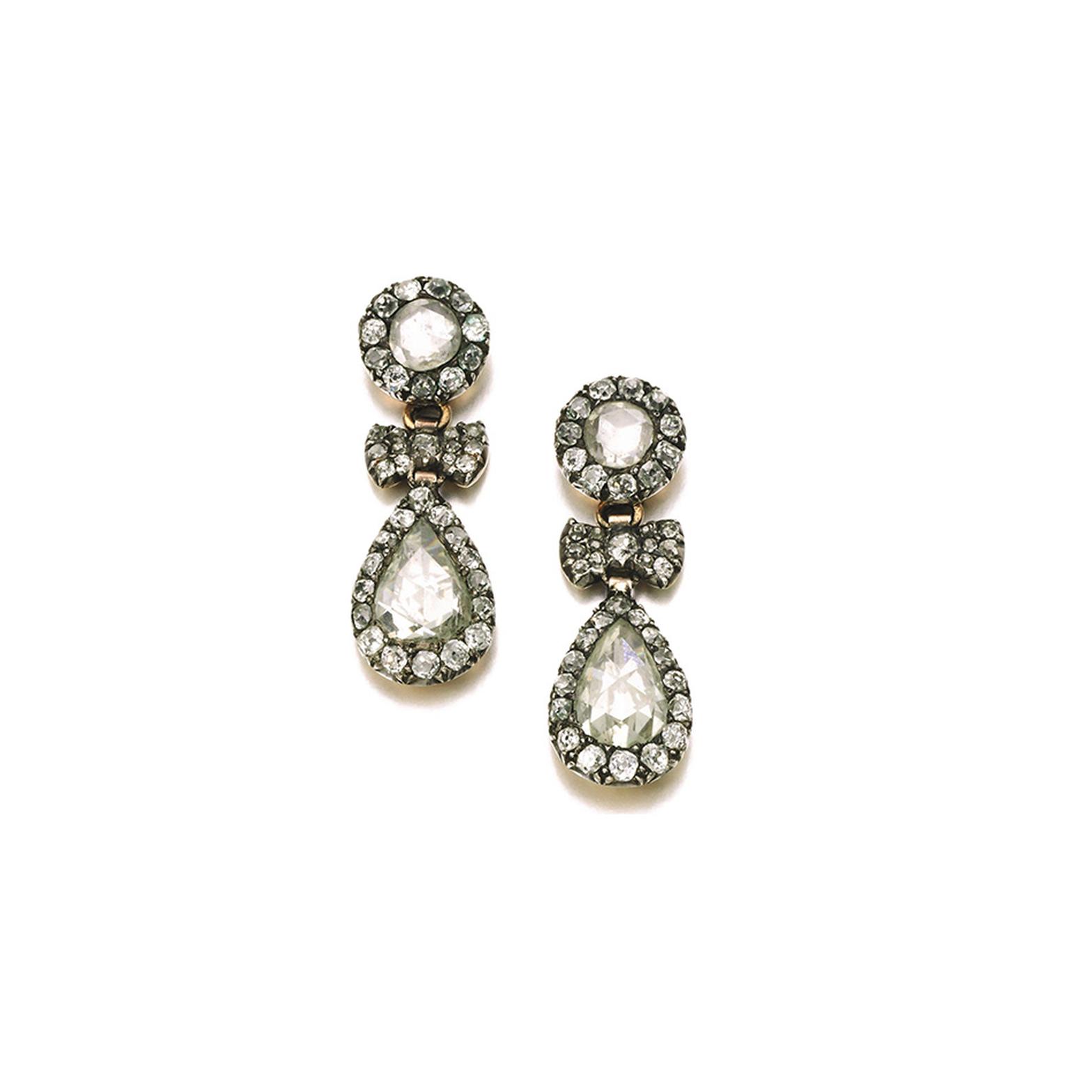 From Lot 292, late 18th century diamond pendent earrings up for auction at Sotheby's London (estimate: £ 15,000-25,000).