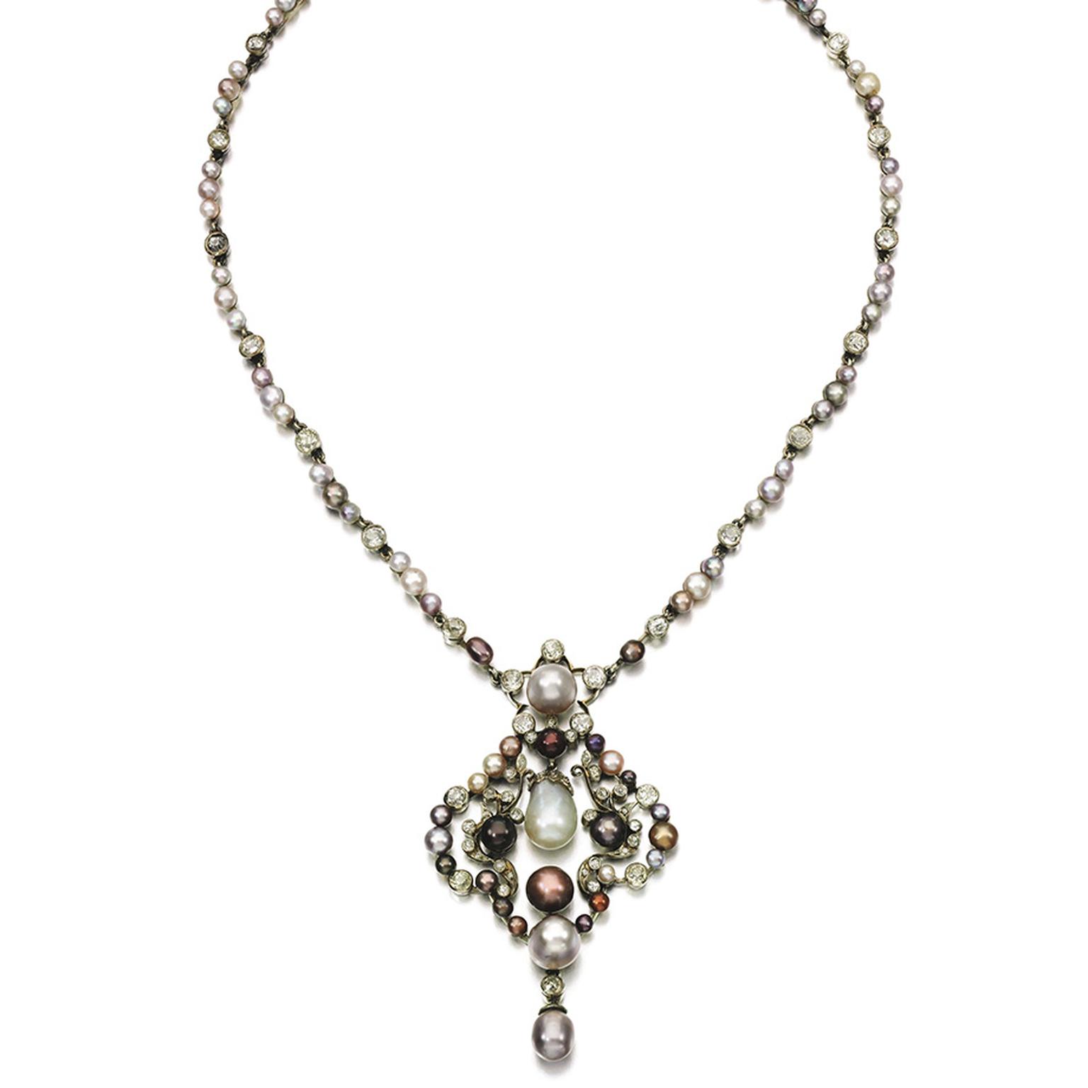 Lot 296, a late 19th century coloured, natural pearl and diamond necklace (estimate: £30,000-50,000; unsold)