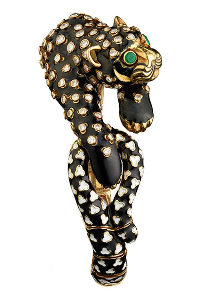 David Webb gold and black enamel Leopard bracelet with cabochon emeralds and diamonds