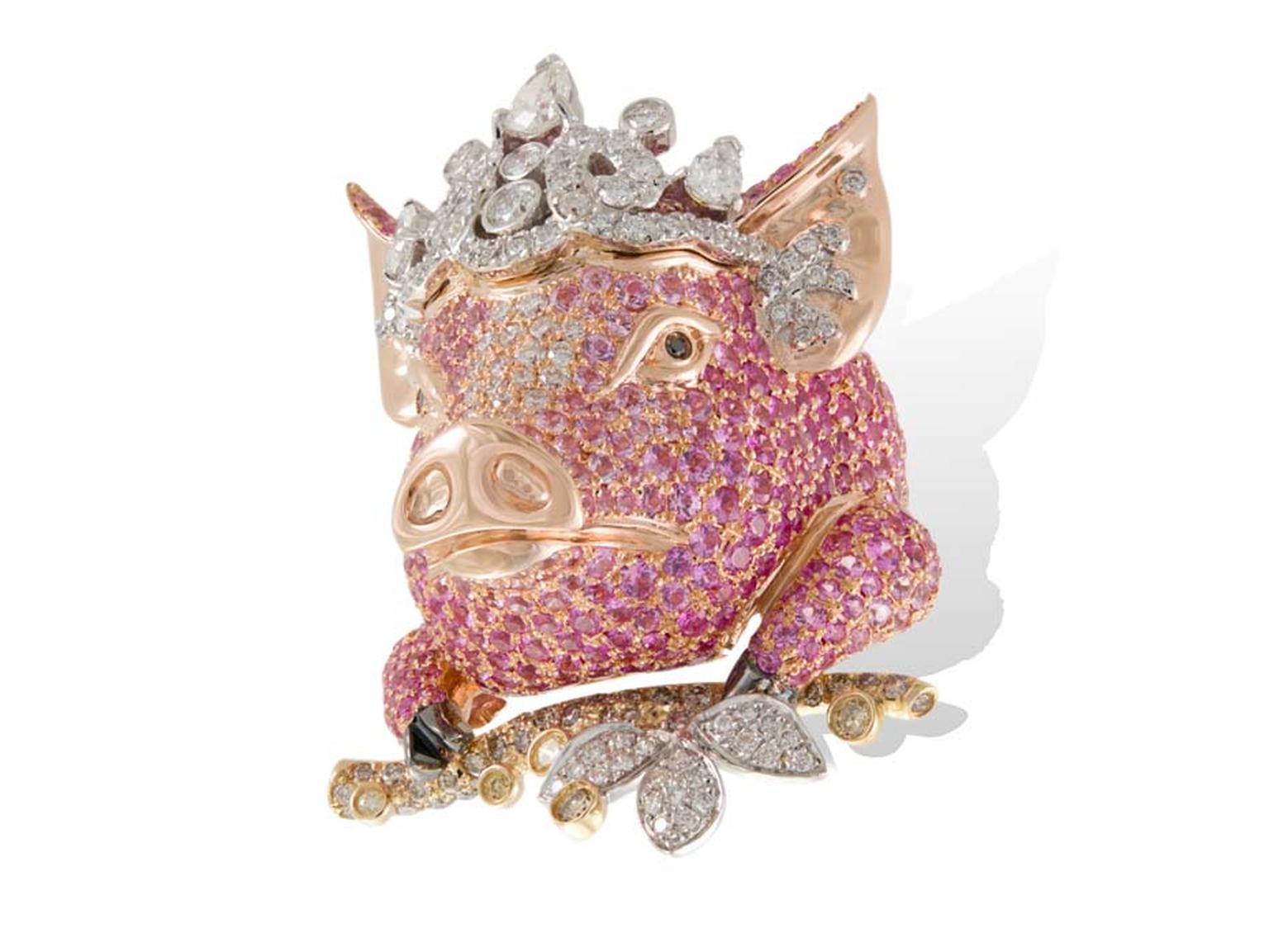 Lydia Courteillg Pig ring in pink gold from the Animal Farm collection, set with diamonds and sapphires