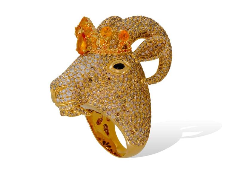 Lydia Courteille Goat ring in yellow gold from the Animal Farm collection, set with diamonds and sapphires