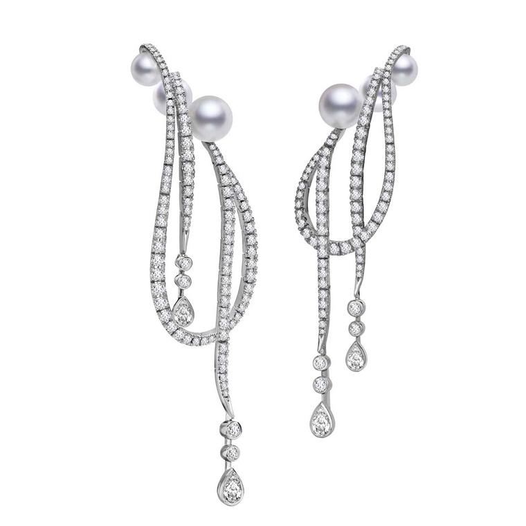 Mikimoto Regalia Collection Ayoka Cascade earrings featuring white South Sea baroque pearls and diamonds
