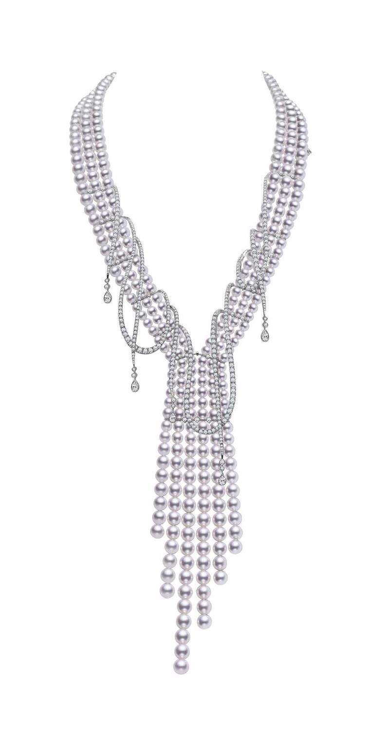 Mikimoto Regalia Collection Ayoka Cascade necklace featuring baroque South Sea pearls and diamonds