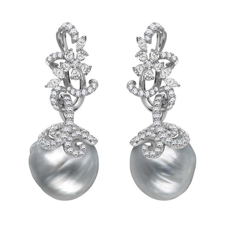 Mikimoto Regalia Collection Arabesque earrings featuring white South Sea baroque pearls entwined in white gold, platinum and diamond-set foliage