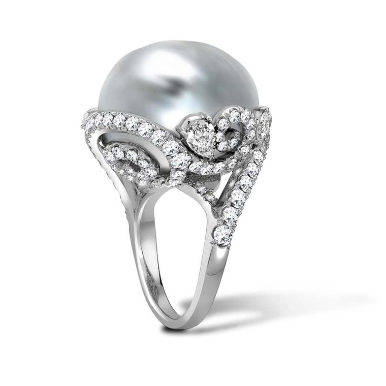 Mikimoto Regalia Collection Arabesque ring featuring a white South Sea baroque pearl entwined in white gold, platinum and diamond-set foliage.