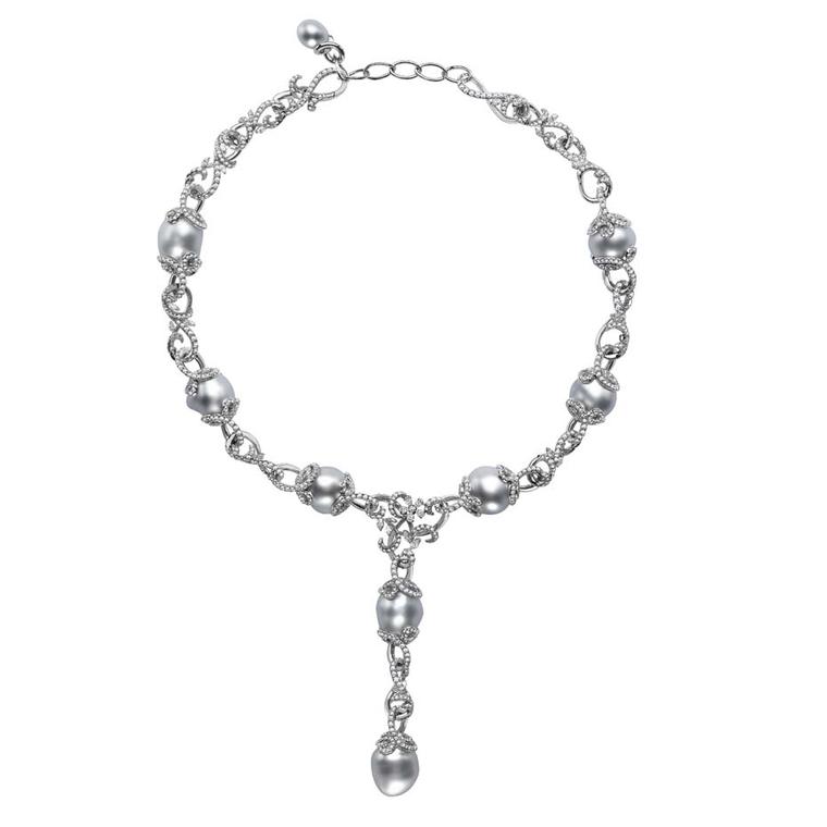 Mikimoto Regalia Collection Arabesque necklace featuring white South Sea  baroque pearls entwined in white gold, platinum and diamond-set foliage.