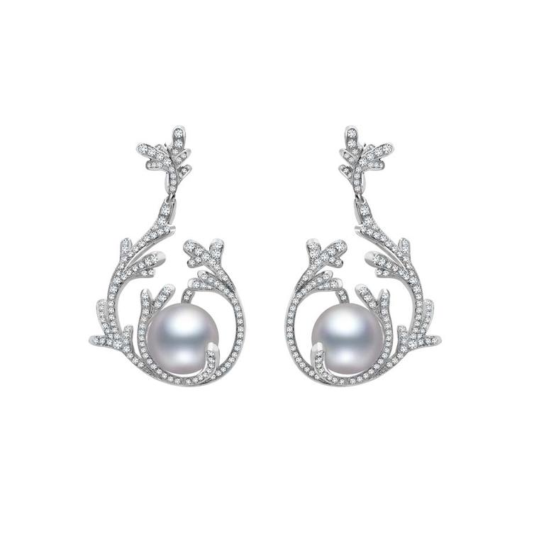 Mikimoto Regalia Collection Coral earrings featuring South Sea baroque pearls and diamonds in white gold, designed to mimic the antler-like branches of coral