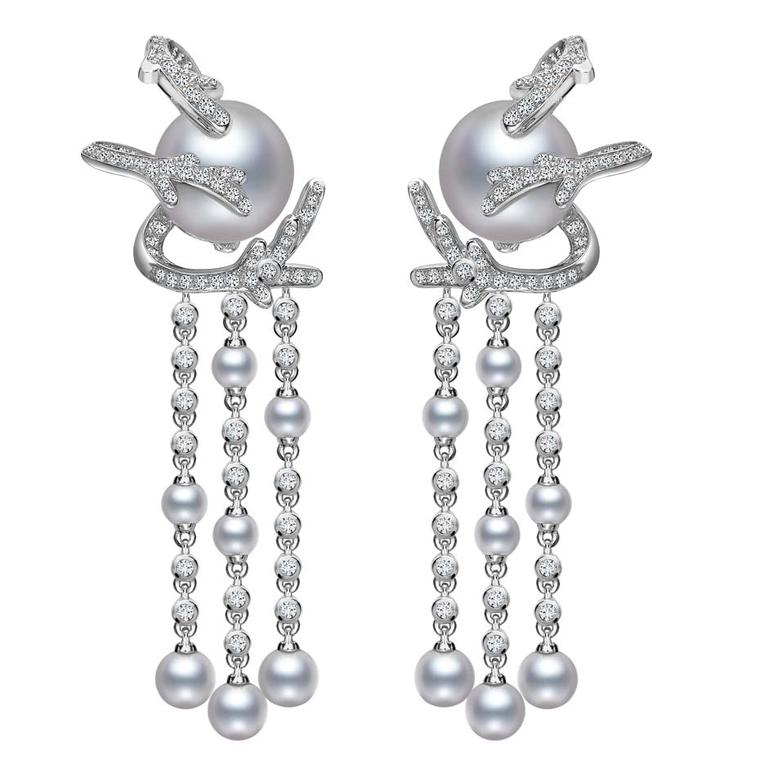 Mikimoto Regalia Collection Coral chandelier earrings featuring baroque South Sea pearls and diamonds in white gold