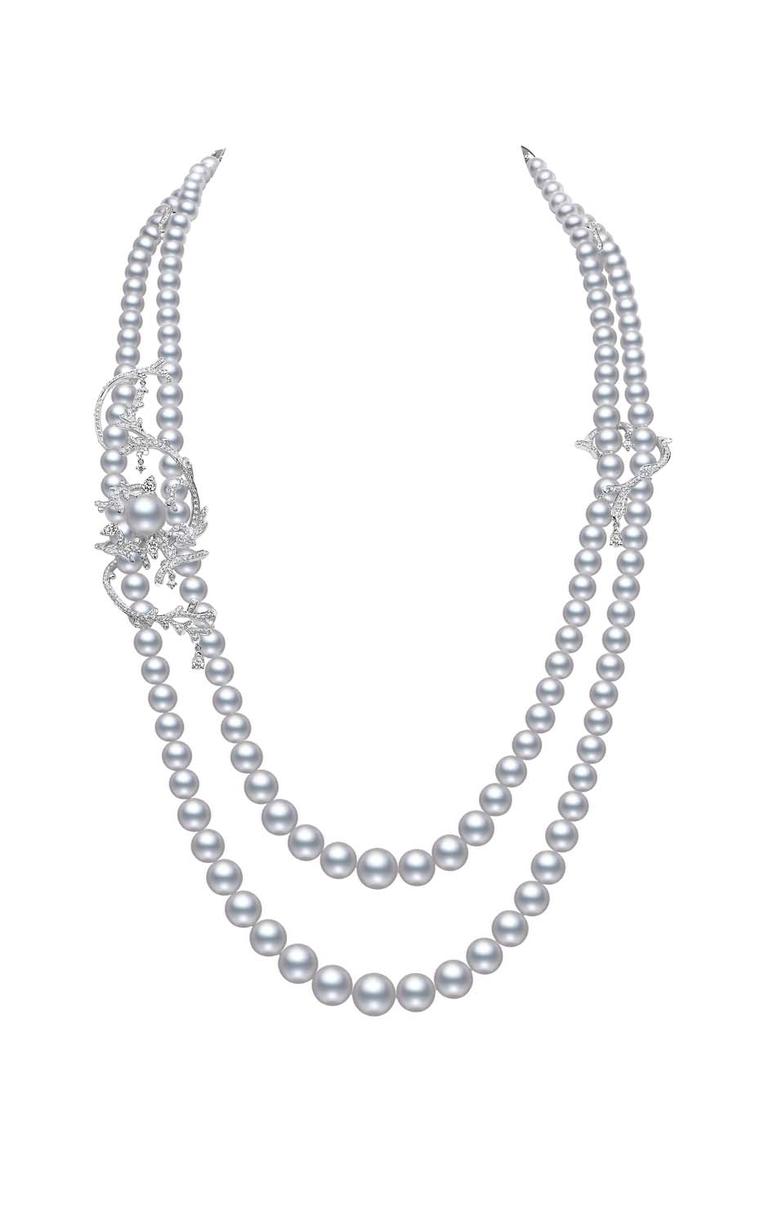 Mikimoto Regalia Collection Coral necklace featuring South Sea baroque pearls and diamonds in white gold