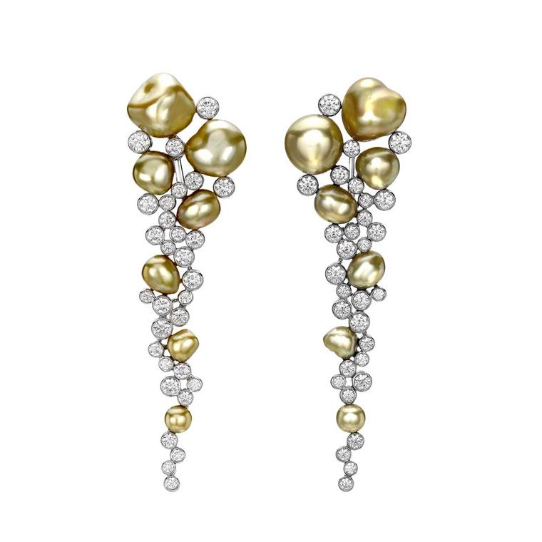 Mikimoto Regalia Collection Gold Cascade earrings with gold pearls and diamonds in white gold