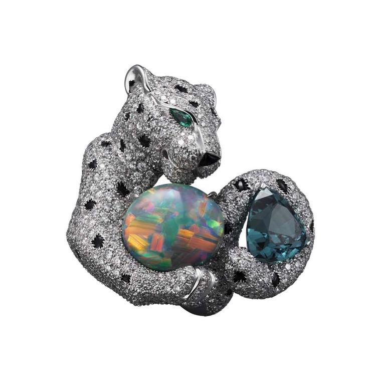Panthère de Cartier high jewellery ring in white gold, set with one cabochon-cut opal