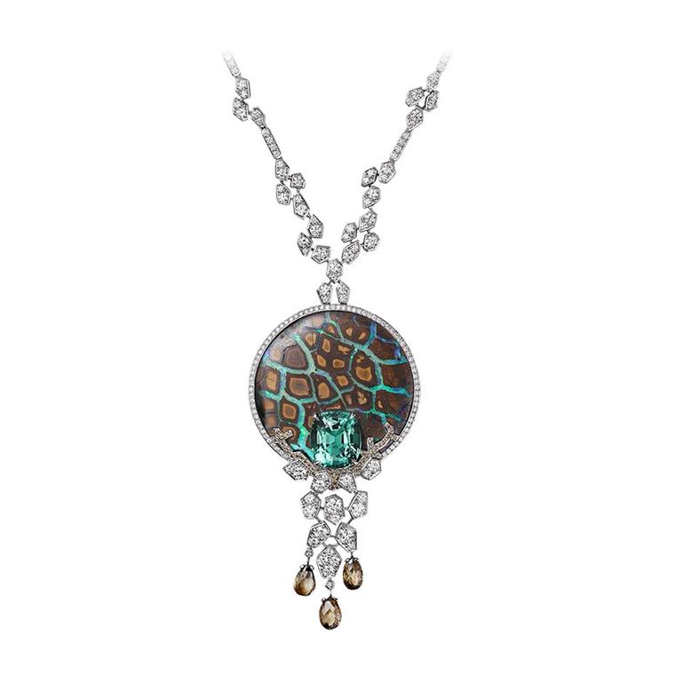 L'Odyssée de Cartier High Jewellery necklace in platinum, set with an opal, 9.28ct cushion-shaped emerald, brown diamonds and brilliant-cut diamonds