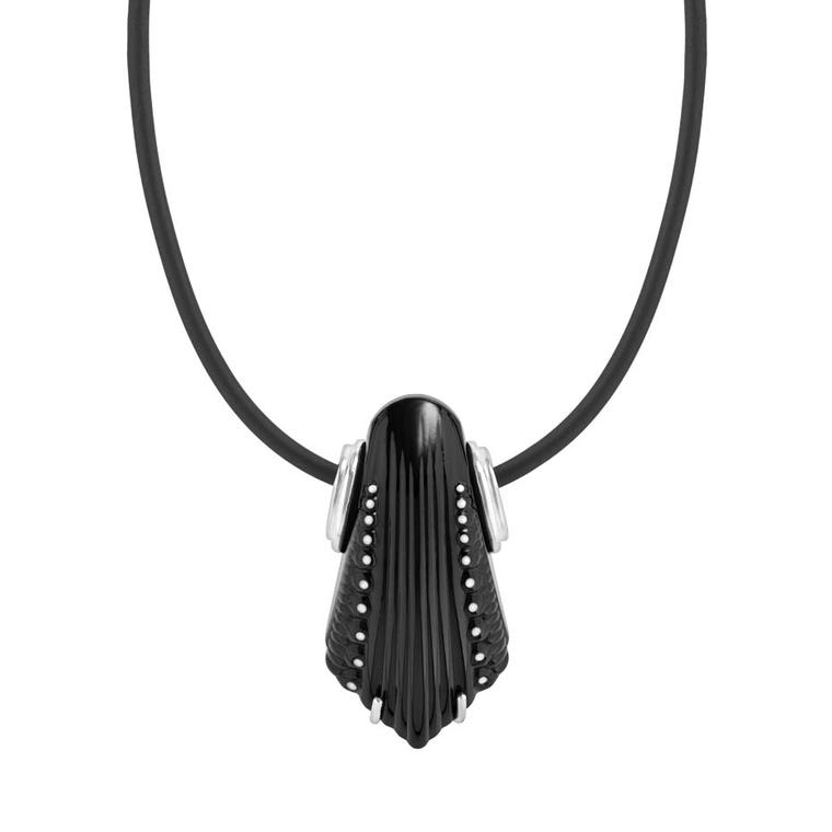 Lalique Icone collection silver pendant featuring black Lalique crystal enamelled in white
