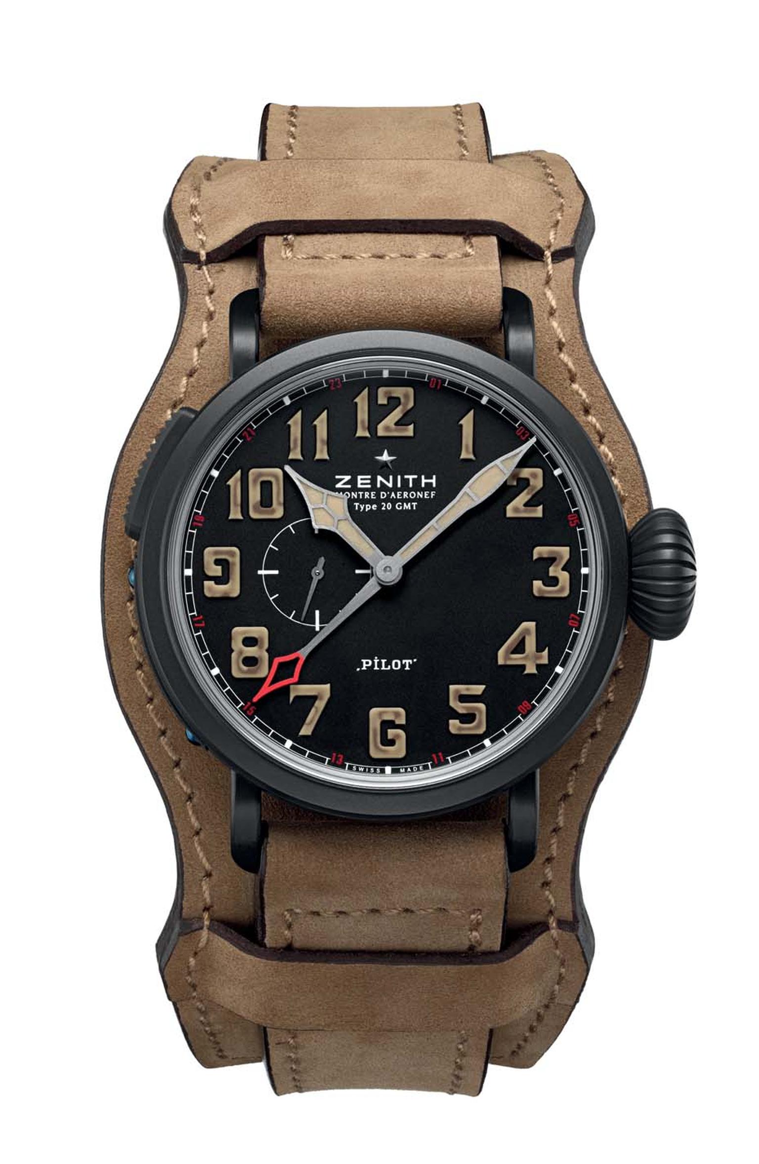 Zenith's Pilot GMT 1903 features a 48mm case with ultra-light black DLC-coated titanium case that remains ultra-light despite its size.
