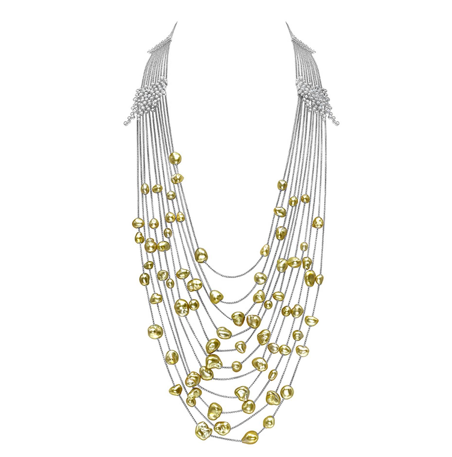 Mikimoto Gold Cascade necklace featuring gold pearls and diamonds in white gold