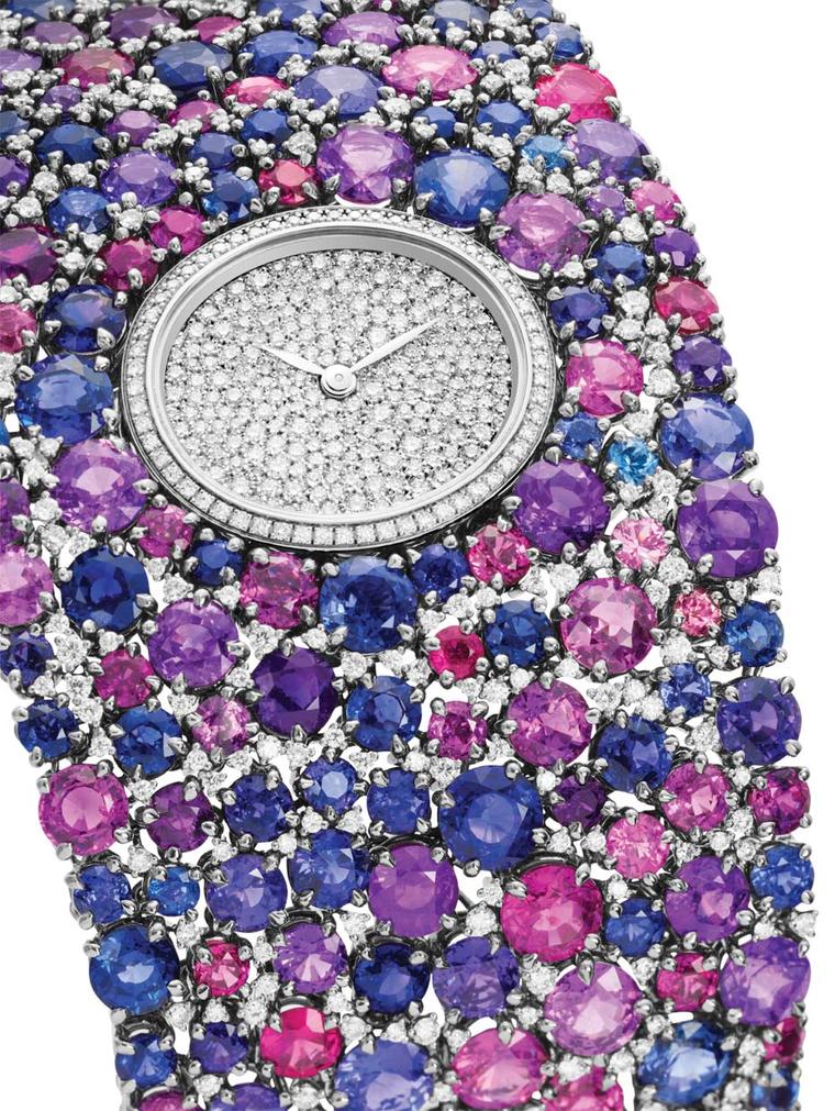 DeLaneau Grace Sapphires jewellery watch in white gold, set with 308 multi-coloured sapphires and 453 diamonds on the bracelet. The dial and case are set with a further 268 diamonds