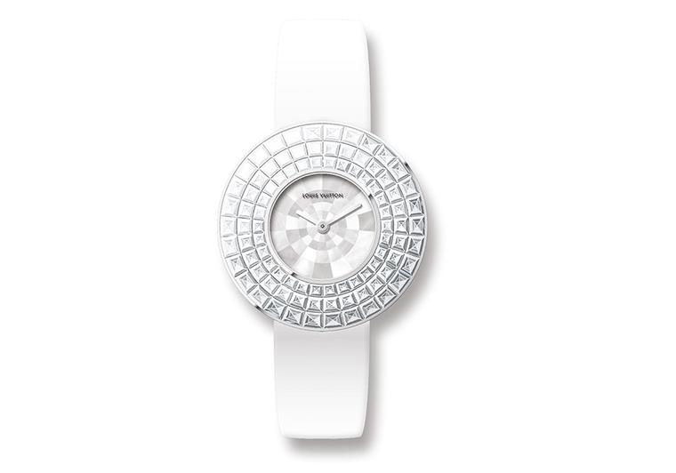 Louis Vuitton Damier Absolu watch in white gold featuring a mother-of-pearl dial encircled by a bezel invisible set with three rows of baguette-cut diamonds