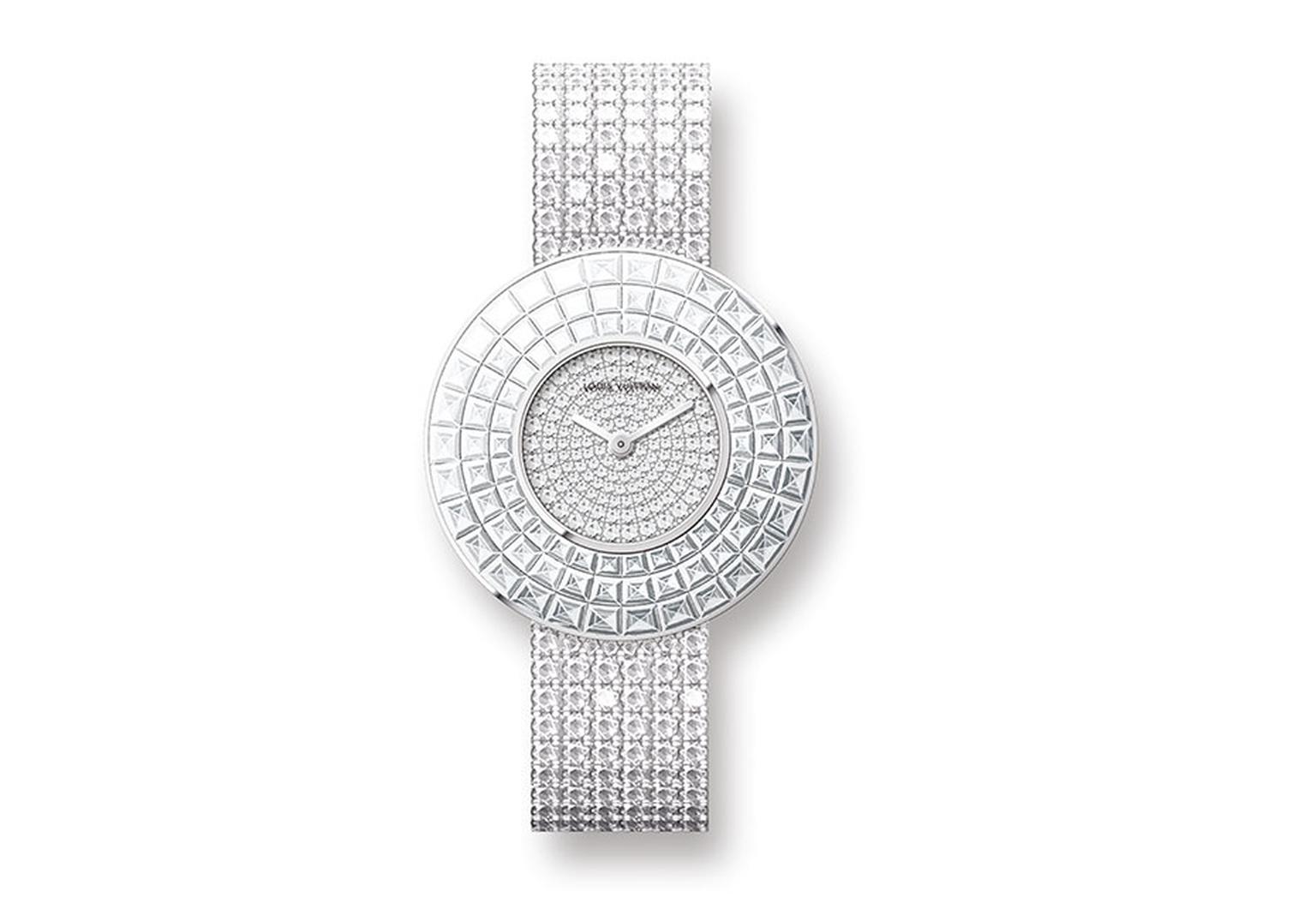 Louis Vuitton white gold Damier Absolu Rivière jewellery watch featuring brilliant-cut diamonds on the dial and bracelet and three rows of invisible set baguette-cut diamonds on the bezel