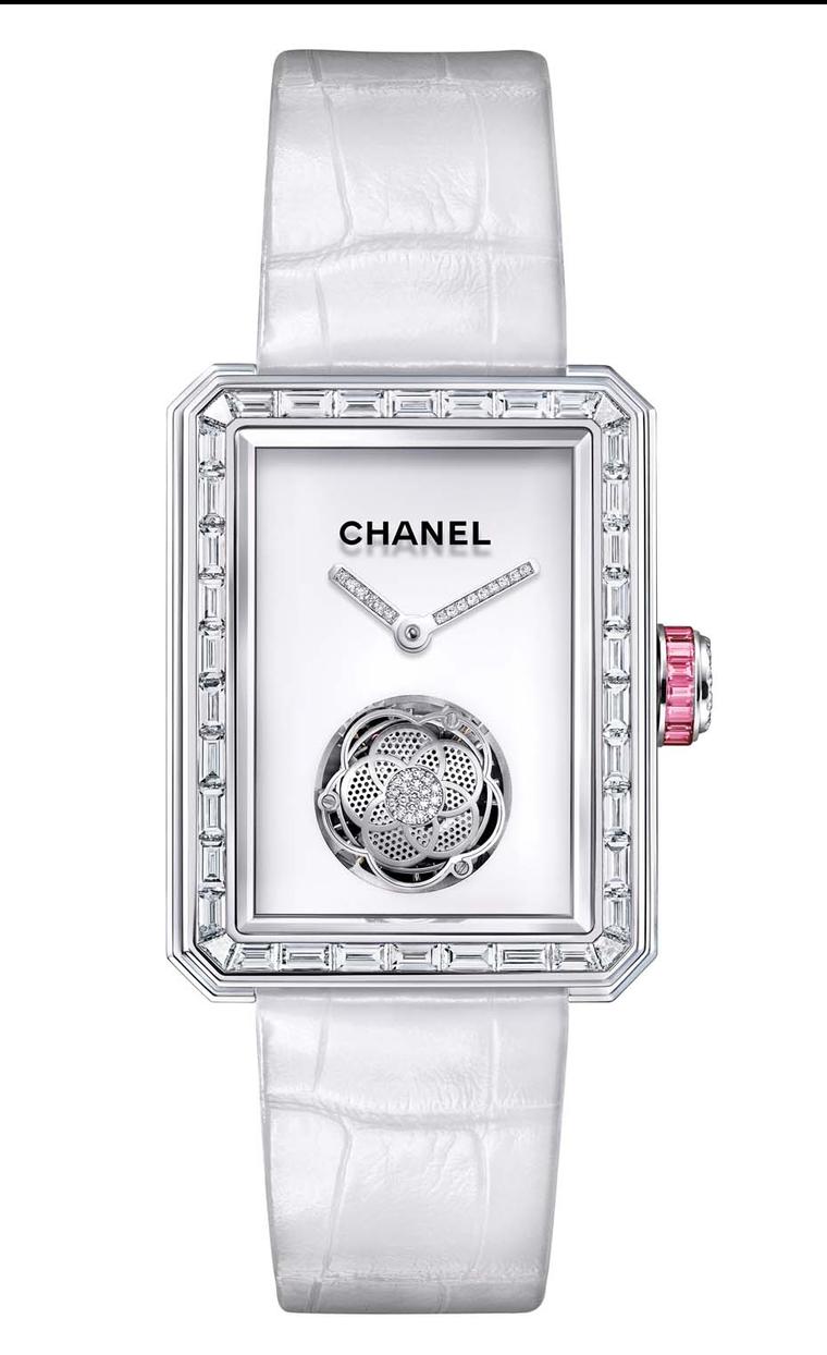 A limited edition of 20 pieces, the flying tourbillon movement in Chanel's new Première Flying Tourbillon watch is crafted in the shape of Mademoiselle Chanel's favourite flower, the camellia