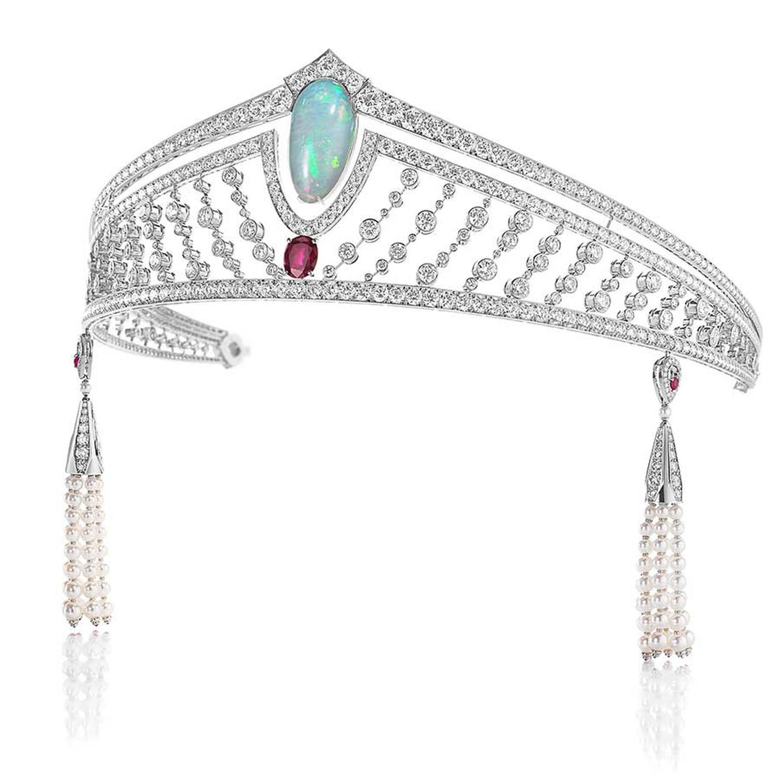 Chaumet's 12 Vendome opal tiara featuring emeralds, sapphires, rubies, purple jade and spinels surrounding a central opal.