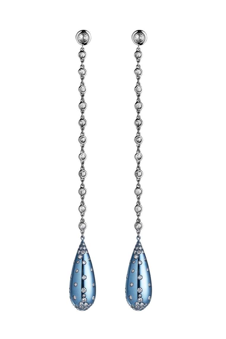 Why Not Sky Rain collection drop earrings featuring blue topaz cabochons and aquamarines briolettes, set in blue titanium with white diamond accents. Edition of five.