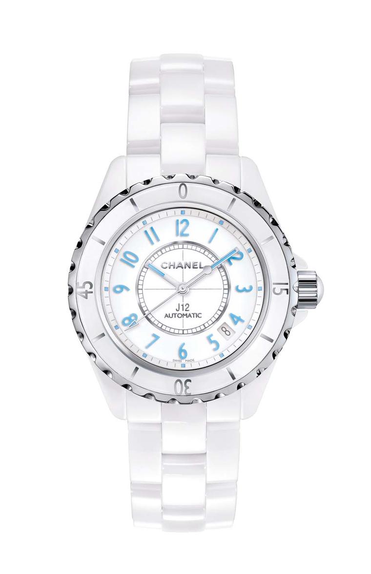 Chanel J12 Blue Light featuring a white ceramic and powder blue dial and automatic movement.