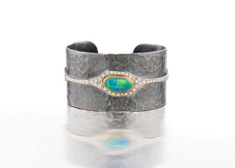 Annie Fensterstock blackened silver, white and yellow gold cuff featuring diamonds and a centre opal.