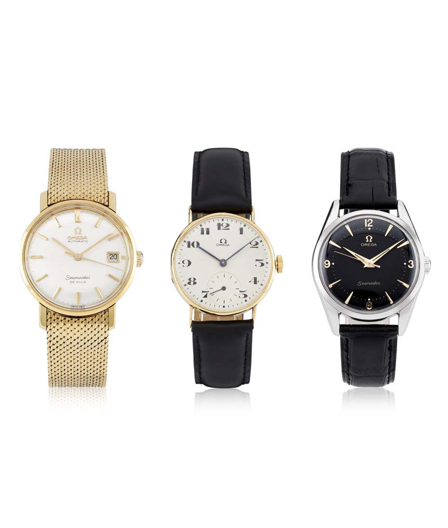 The Harrods Vintage Watch Collection also includes three Omega Seamaster timepieces, including a rare heritage hand-wound model dating from 1939, centre