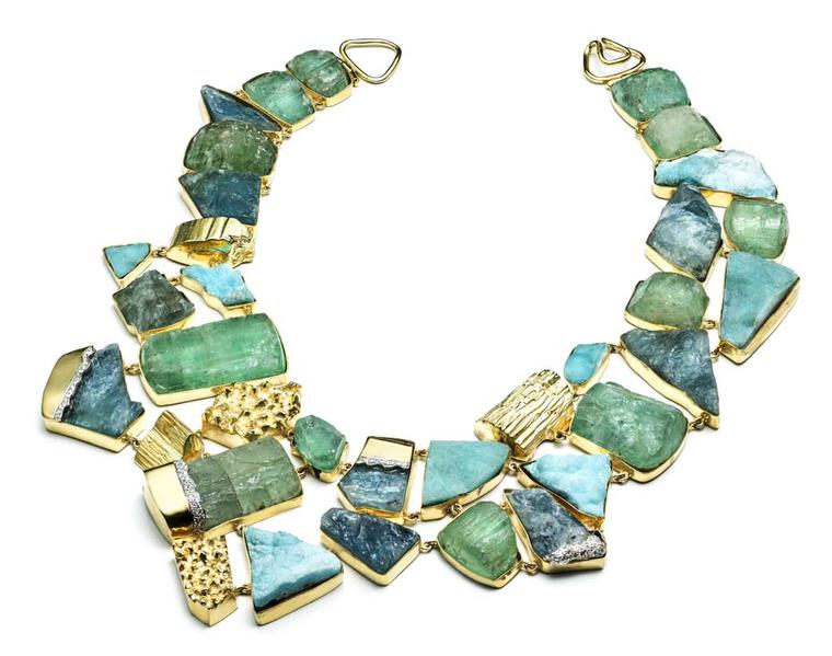 Kara Ross Petra Bib necklace with raw green beryl, hemimorphite, aquamarine and diamonds set in gold