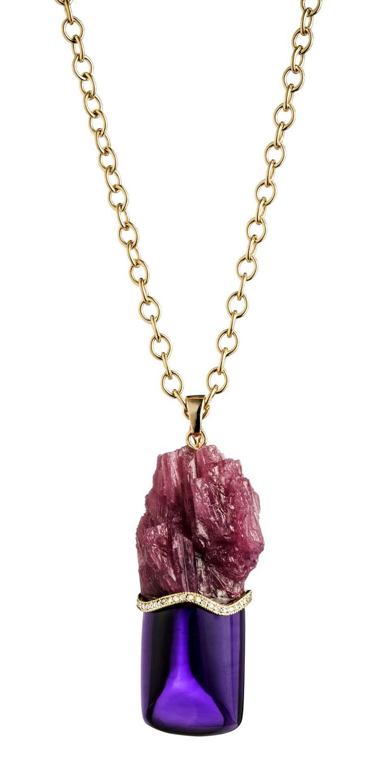 Kara Ross Petra Split pendant featuring raw rubellite alongside a smooth amethyst divided by pavé diamonds set in gold