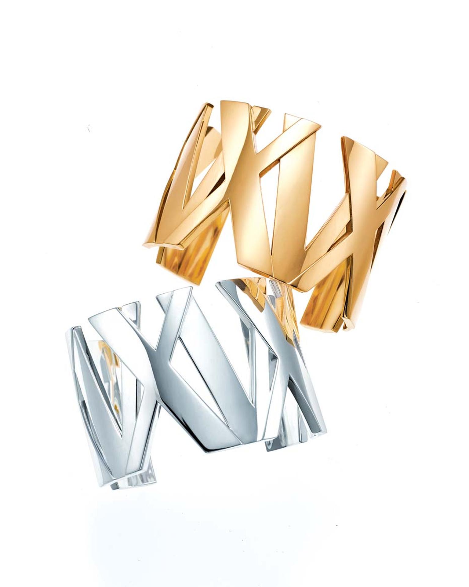 Tiffany & Co. Atlas II collection wide cuffs are available in yellow, rose or white gold as well as sterling silver and titanium