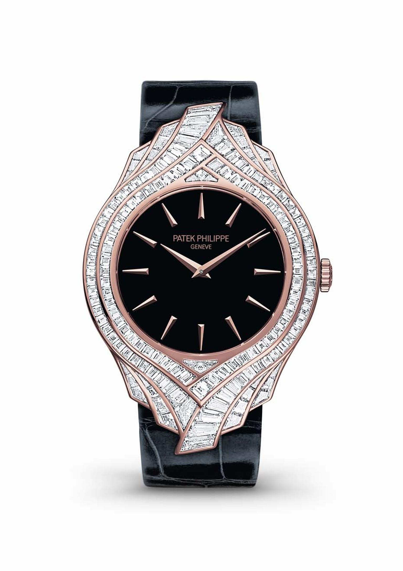 Patek Philippe's Calatrava Haute Joaillere Ref. 4895R watch in rose gold, with a black lacquered dial, rose gold hour markers, takes the contours of the 1932 Calatrava model and adorns them with a diamond collar