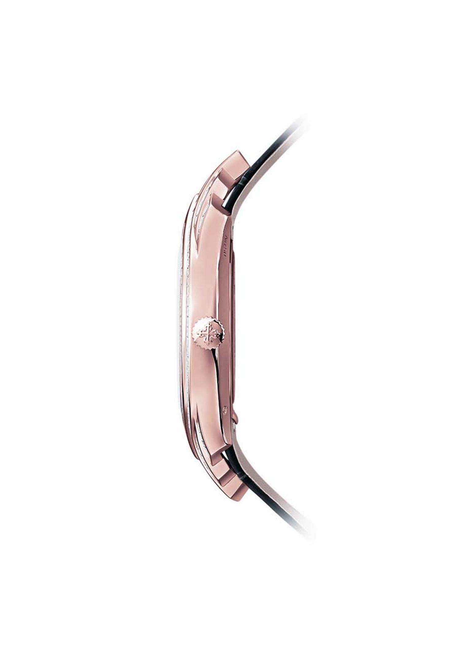 Patek Philippe's Calatrava Haute Joaillere Ref. 4895R features a swath of baguette diamonds set in a surrounding rose gold bezel.