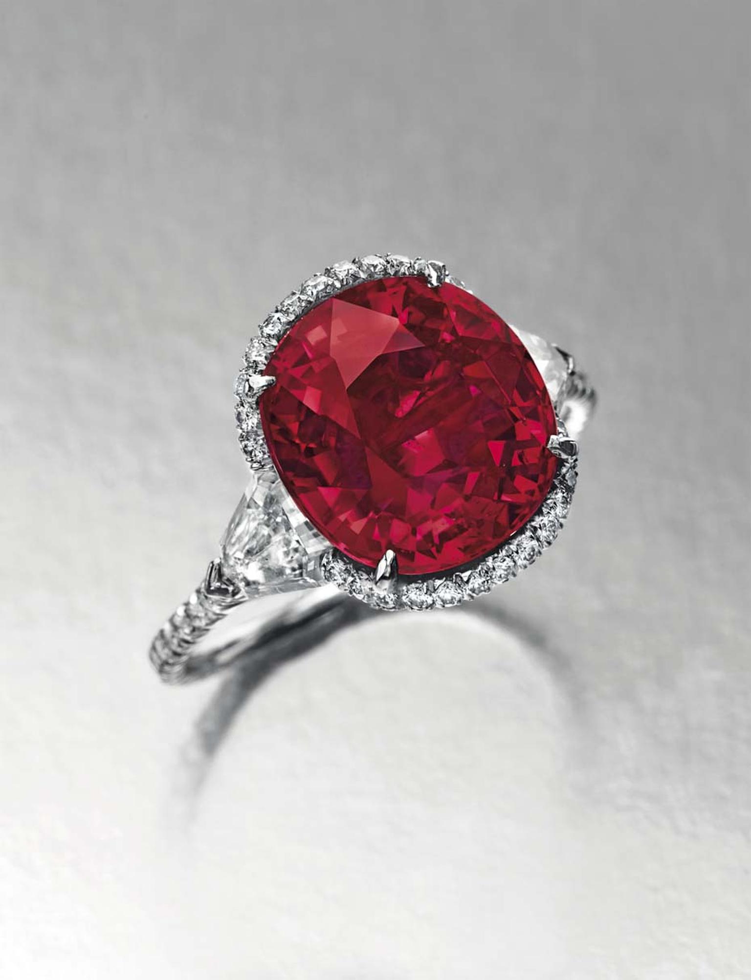 Lot 129, a 6.25ct cushion-cut Burmese ruby and diamond ring, from the private collection of animal rights campaigner Riki Shaw