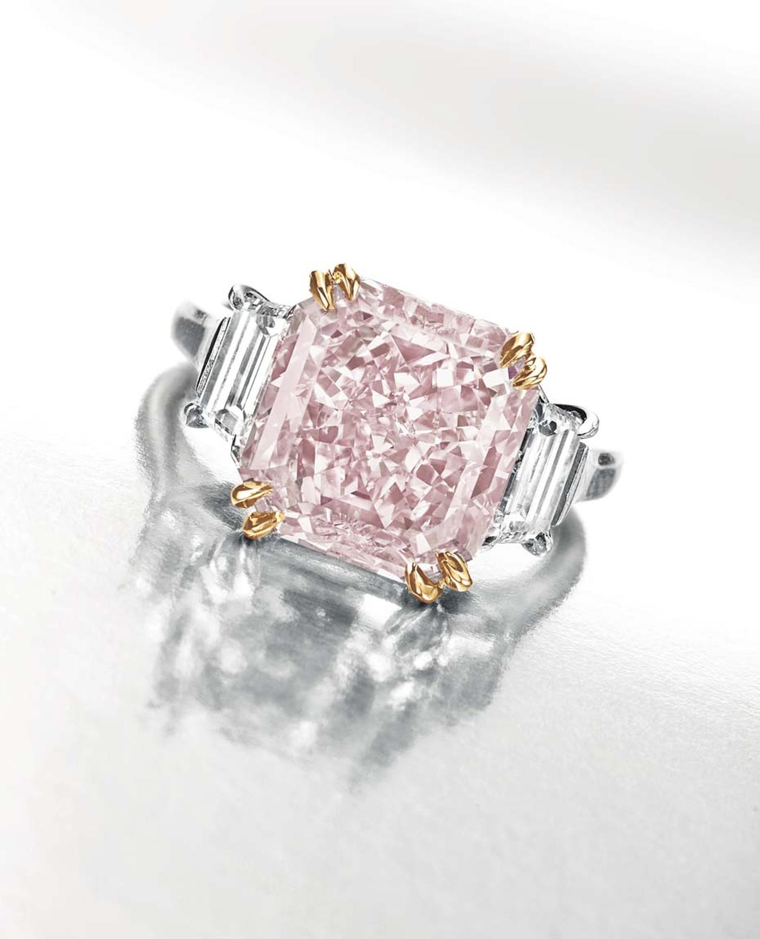 Lot 131, an important coloured diamond and diamond ring in platinum and rose gold by Harry Winston, set with a rectangular-cut fancy intense pink diamond weighing approximately 6.10ct, from the private collection of animal rights campaigner Riki Shaw (est