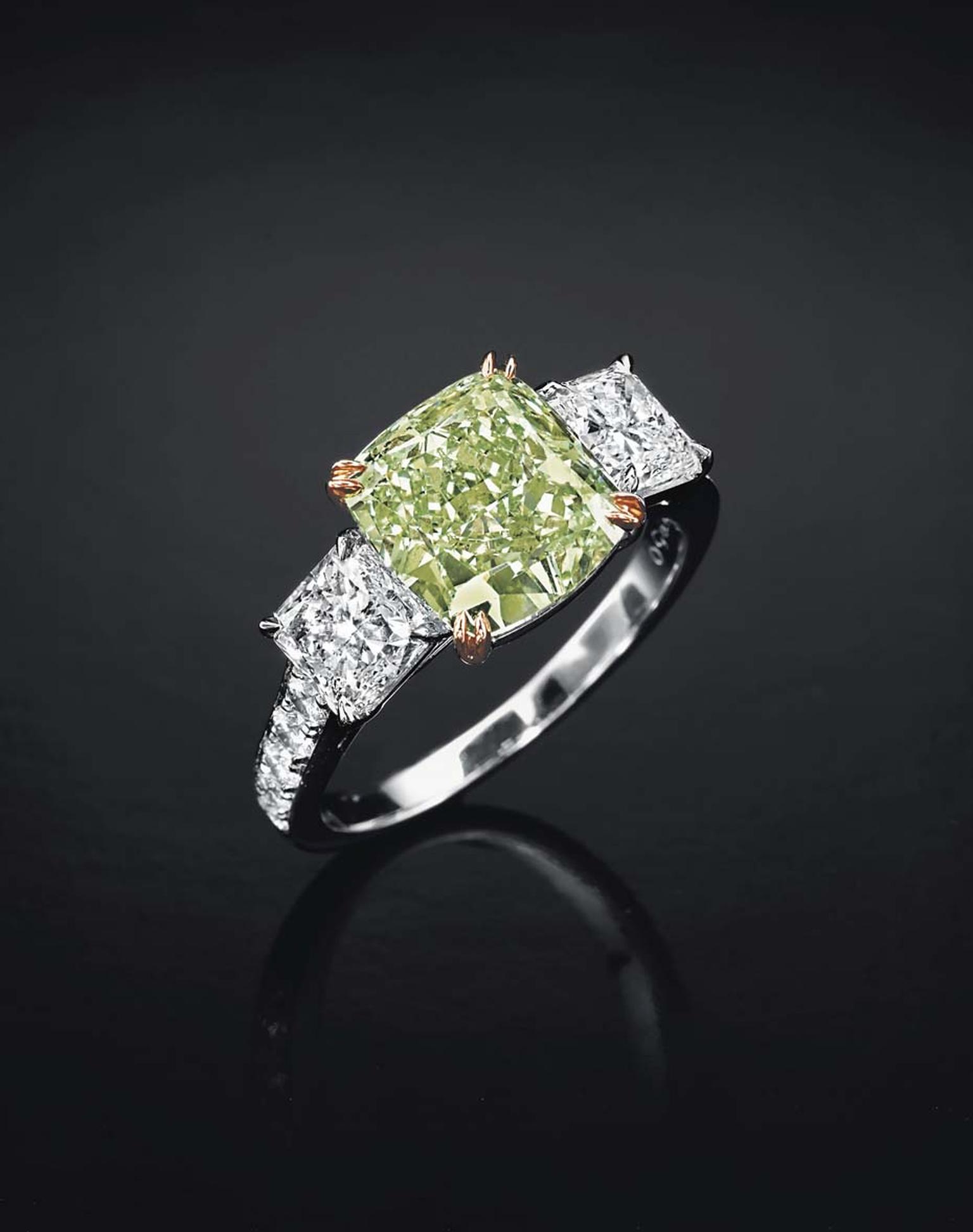 Lot 197, a rare coloured diamond and diamond ring in platinum and rose gold, set with a modified square-cut fancy intense green diamond weighing approximately 3.60ct (estimate: US$800,000-1.2 million)
