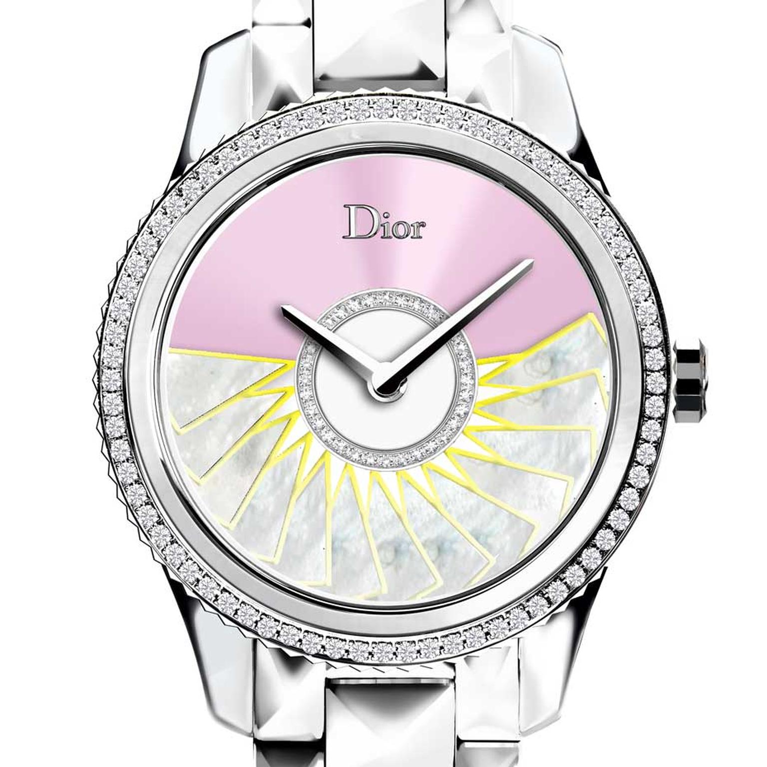 The oscillating weight on the pink Dior VIII Grand Bal Plissé Soleil watch is decorated with white mother-of-pearl marquetry, finished with yellow hems and set with diamonds.
